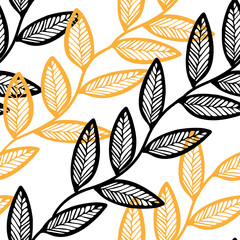 Vector Illustration of black and yellow doodle leaves isolated on a white background, Seamless diagonal pattern
