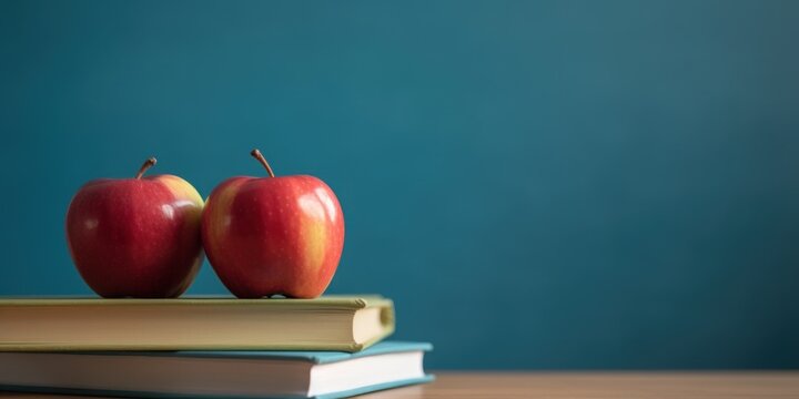 Back to school banner. Student books and apples on table over solid blue background. AI generative