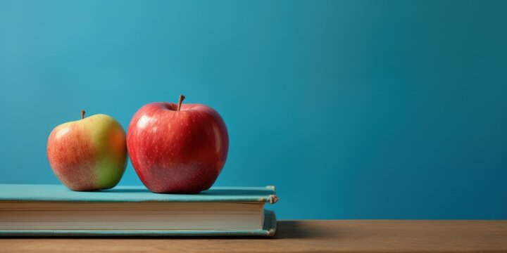 Back to school banner. Student books and apples on table over solid blue background. AI generative