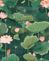 Seamless pattern with lotus flower and leaves, floral pattern for wallpaper or fabric. Botanic Tile. AI generated images