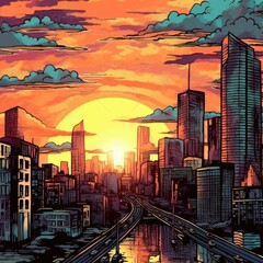 A digital illustration of a comic-style downtown city skyline. (Generative AI)