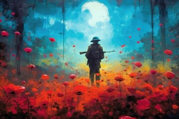 A colorful soldier in a poppy field for ANZAC Day. (Generative AI) - 606534303