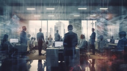 team of business people working together in the office, teamwork background banner, double exposure, group of people at office, Generative AI
