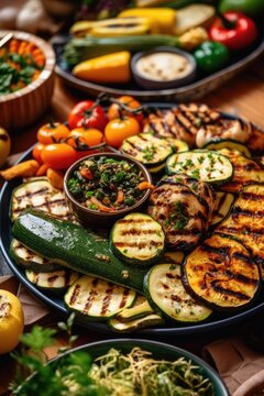 Beautifully arranged vegetarian grilled veggies on large dish for summer party. (Generative AI)