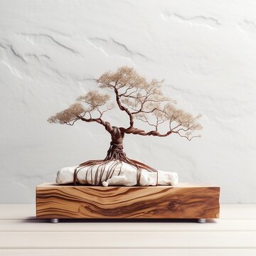 Bonsay wire on stone and wooden base, white background, light modern design