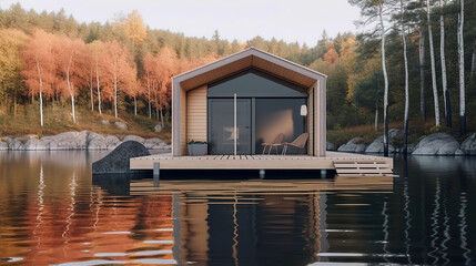 A small boathouse sitting on top of a body of water. AI generative. Tiny house, houseboat. - obrazy, fototapety, plakaty