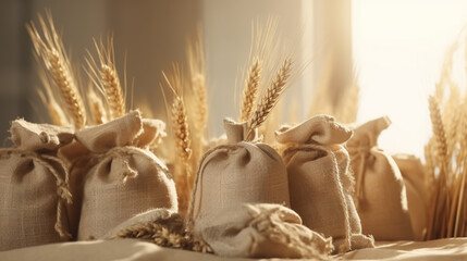 Wheat in burlap in sacks on a minimalistic background, industrial food cultivation.
Illustration, Generative AI