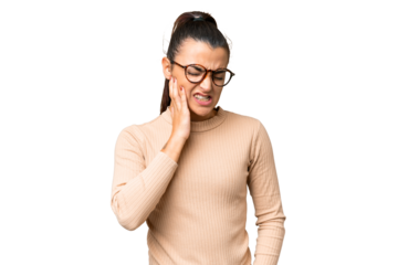 Young beauty woman over isolated chroma key background with toothache