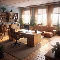 Fototapeta premium elegant, clean, cozy home office with modern, wooden furniture