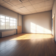 Obraz premium Clean, empty room with wooden floor, sun is shining trough one big window