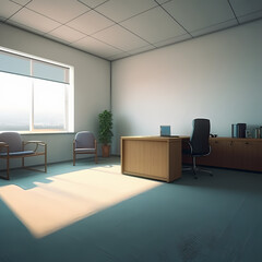 Fototapeta na wymiar Clean office with one Desk, with sun shining trough the window