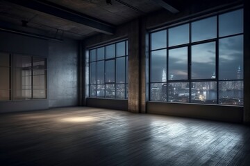 Fototapeta na wymiar Large loft space with city view window, created with generative AI