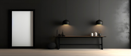 Creative interior concept. Dark large empty wall room with big blank frame furniture deco. Banner template for product presentation. Mock up 3D rendering living, office, gallery	
