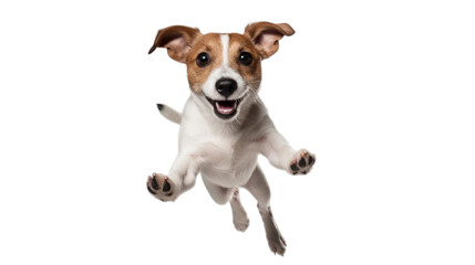 A happy jumping dog in the air on a transparent background, Generative AI - obrazy, fototapety, plakaty