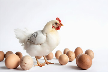 White fluffy chicken with brown eggs on white background. Incubator, laying hen, hen. Generative AI