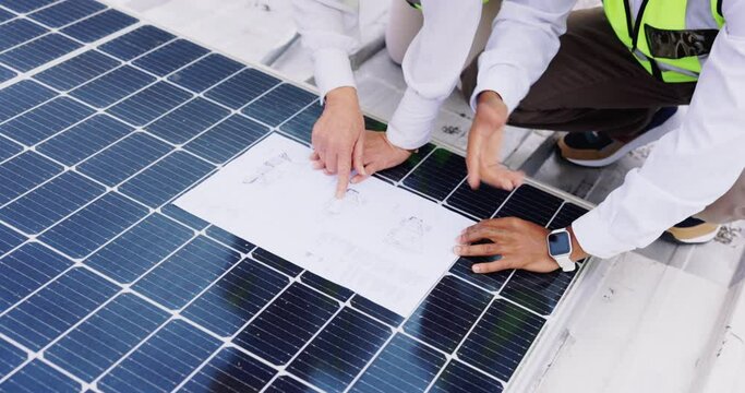 Blueprint, solar panels or hands of engineering people planning construction or photovoltaic roof. Closeup, renewable energy design or architecture team pointing or working on electricity project