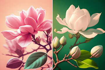 Set of two beautiful blooming magnolias. Spring and summer, love and romance. Generative AI, illustration