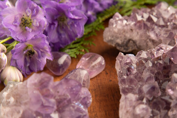 Gemstones and Crystals on Vintage Wooden Table