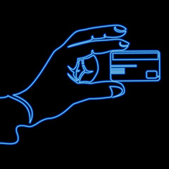 Continuous line drawing Hand with credit card for payment business icon neon glow vector illustration concept
