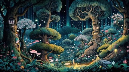 Obraz premium Depict a whimsical forest filled with enchanted trees, talking animals, and hidden magical beings