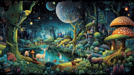 Obraz na płótnie Canvas Depict a whimsical forest filled with enchanted trees, talking animals, and hidden magical beings