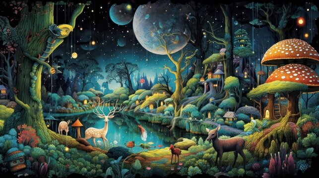 Depict a whimsical forest filled with enchanted trees, talking animals, and hidden magical beings