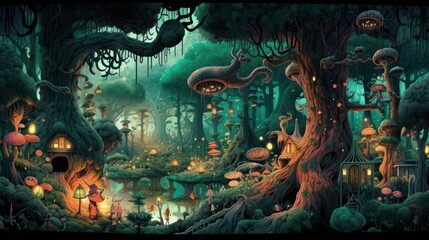 Fototapeta premium Depict a whimsical forest filled with enchanted trees, talking animals, and hidden magical beings