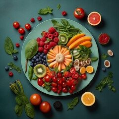 Healthy vegetables vegetables on a green big plate on a green background. Top view. Still life food concept. Vegan concept. AI generated image