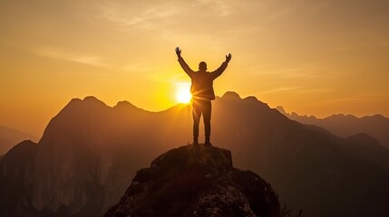 Silhouette of successful businessman keeping hands up hiking on the top of mountain - Celebrating success, winner and leader concept, silhouette of a person on the top of the mountain, Generative AI