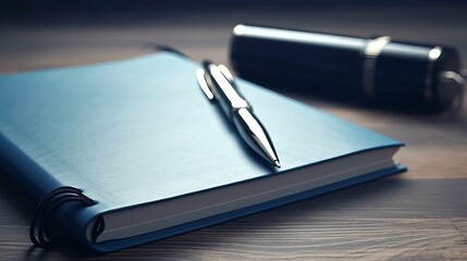 Notepad on a table with pen before meeting, blue tone, business concept with copy space, Generative AI