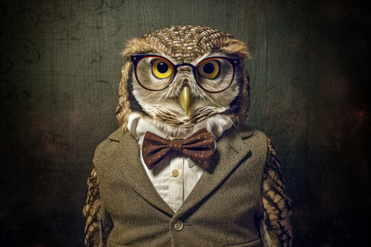 Owl Professor wearing a suit and bow tie and glasses, Generative AI