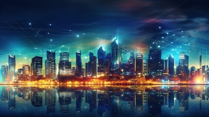 Modern city with wireless network connection and city scape concept. Wireless network and Connection technology concept with city background at night, Generative AI