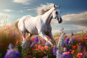 Obraz na płótnie Canvas An exquisite 4K wallpaper showcasing an artistic composition of a graceful horse galloping through a field of wildflowers. Illustration. Generative AI. 