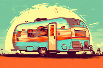 A blue and orange camper is parked on the side of the road. Generative AI.