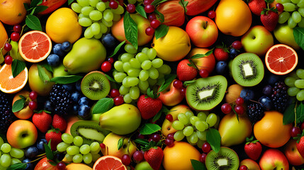 Naklejka na ściany i meble An overhead shot of a beautifully arranged fruit platter with a variety of colorful and juicy fruits, ai generative