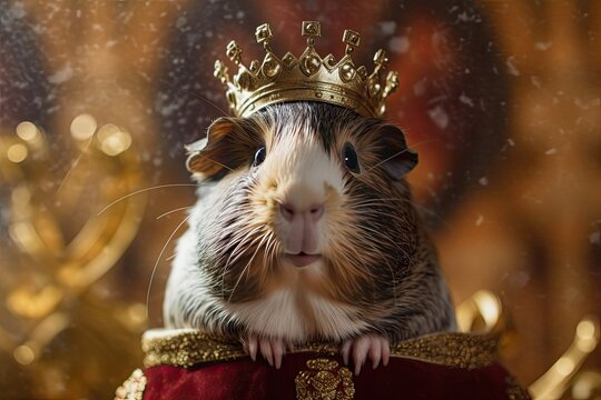 Guinea pig with a royal crown. A fairy tale illustration for children. Detail digital portrait of Guinea pig. Generative AI. 