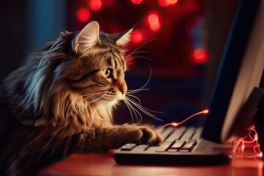 A whimsical wallpaper featuring a close-up photograph of a curious Maine Coon cat with its paw on a computer mouse, as if it's trying to figure out the technology. Generative AI. 