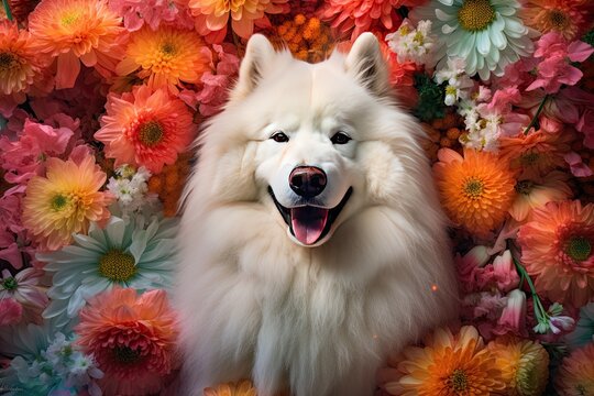 An enchanting 4K wallpaper featuring an artistic composition of a fluffy white Samoyed dog surrounded by vibrant blooming flowers. Generative AI. 