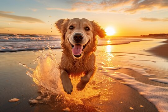 An enchanting 4K wallpaper featuring an award-winning photograph of a playful Golden Retriever running on a sandy beach, with its ears flapping in the wind and a big smile on its face. Generative AI. 
