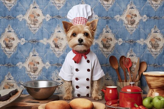 A charming wallpaper featuring an award-winning photograph of a small dog dressed up as a chef, complete with a chef's hat and apron. Generative AI. 