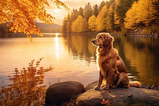 An enchanting 4K wallpaper showcasing a serene scene of a Golden Retriever sitting by a tranquil lake, with a backdrop of vibrant autumn foliage. Generative AI. 