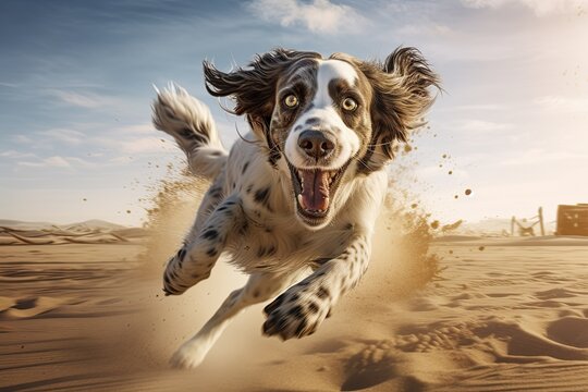 4k wallpaper, picture of a beautiful running happy playful dog. Gorgeous illustration. Generative AI composition. 