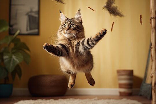 4K wallpaper capturing a playful cat leaping and pouncing on a feather toy. Generative AI.