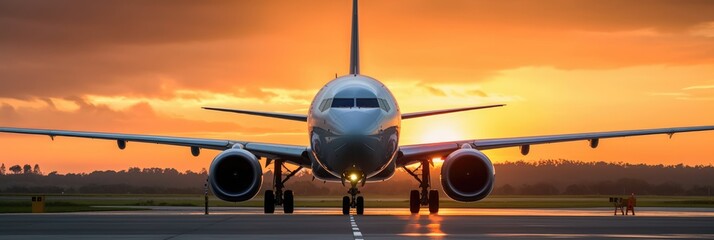 Sunset view of airplane on airport runway under dramatic sky. generative ai