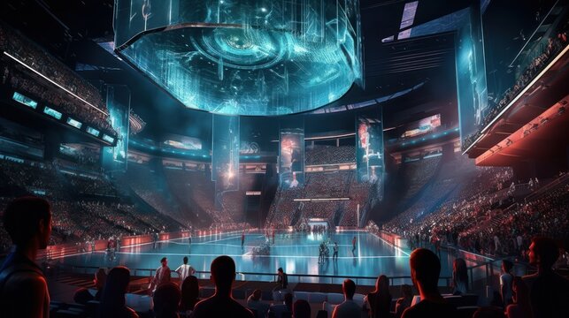 High - tech sports arena for a futuristic sports league, complete with futuristic athletes, gravity - defying stadiums, and advanced holographic displays