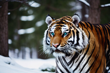 Digital photo of a The Ussuri Tiger in winter coniferous forest on the snowy branches of a fir tree. Wildlife imagery, the concept of ecological environment. Generative AI