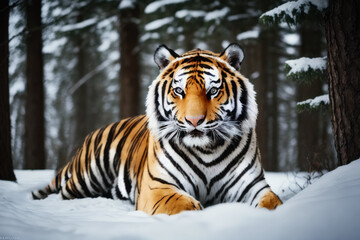 Fototapeta na wymiar Digital photo of a The Ussuri Tiger in winter coniferous forest on the snowy branches of a fir tree. Wildlife imagery, the concept of ecological environment. Generative AI