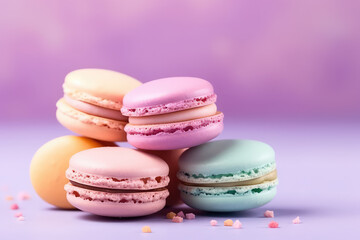 Delicious macaroons composition on a pastel purple background with copy space. Creative macaroon template for dessert banner, candy store. Generative AI professional photo imitation.
