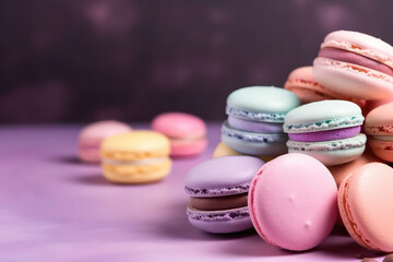 Obraz na płótnie Canvas Delicious multi-colored macaroons on a pastel pink background with copy space. Creative macaroon template for dessert banner, candy store. Generative AI professional photo imitation.