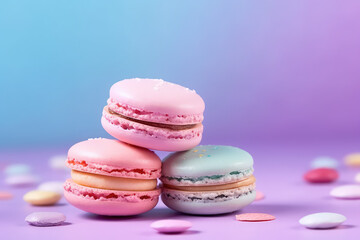 Fototapeta na wymiar Delicious macaroons on a pastel purple background with copy space. Closeup creative macaroon template for dessert banner, candy store. Generative AI professional photo imitation.